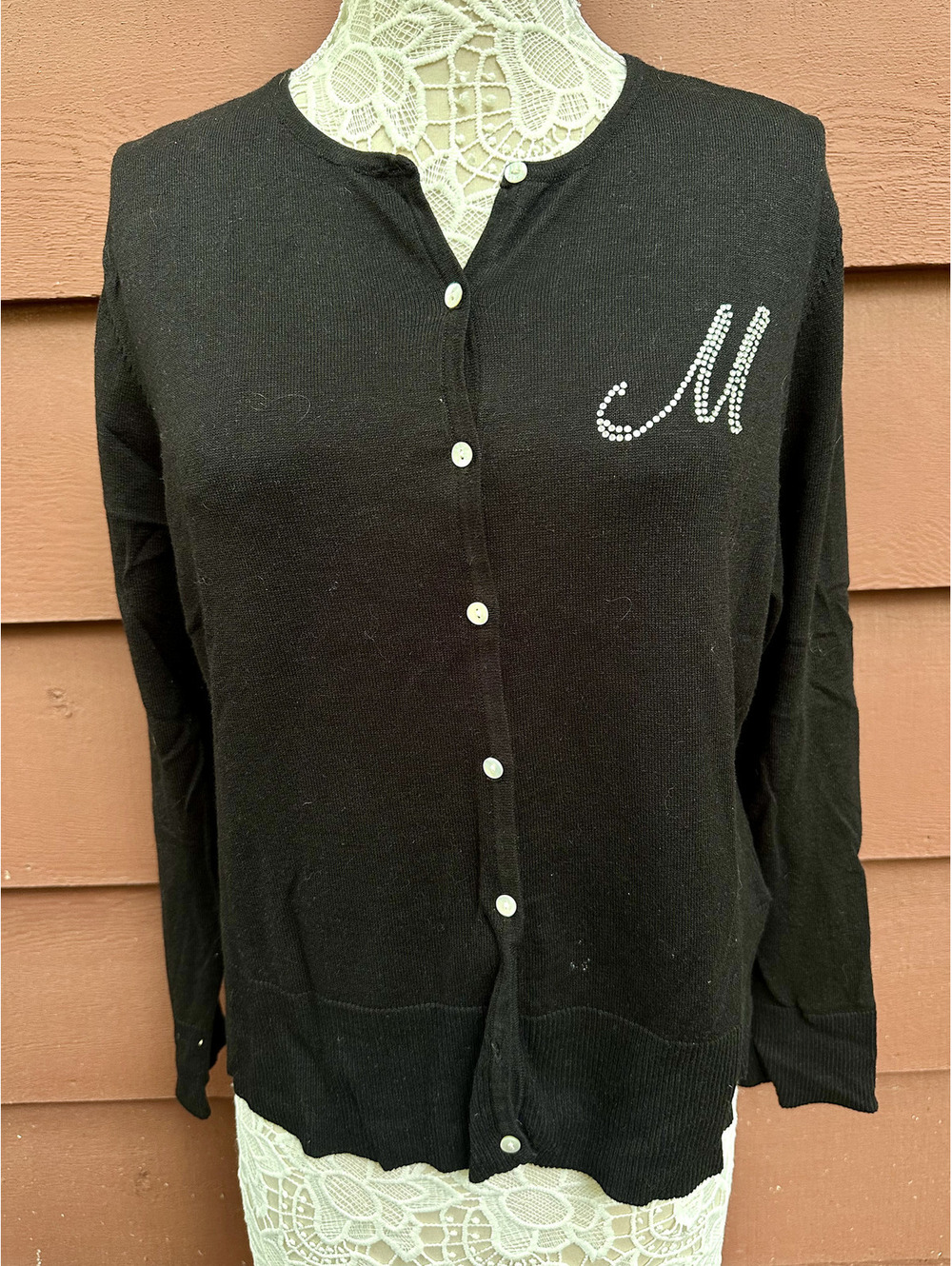Carolyn Taylor Black Stretch Knit Cardigan with Rhinestone M Initial
